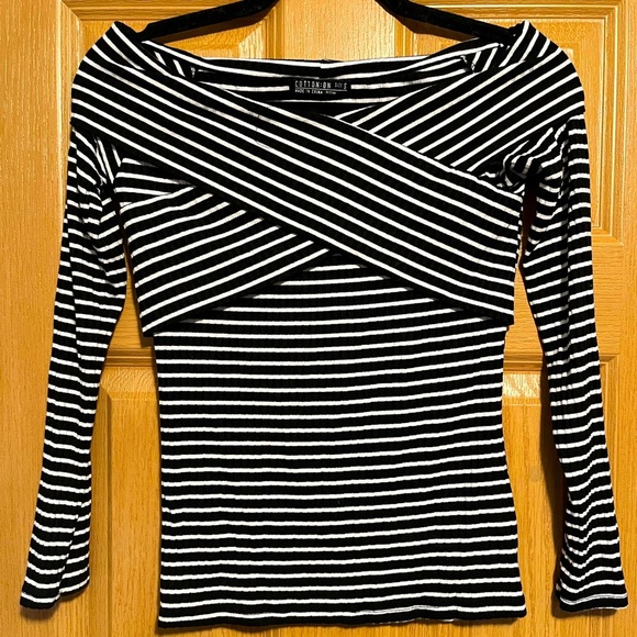 Cotton On Striped Print Ribbed Crossover Long Sleeve Top - Picture 1 of 10